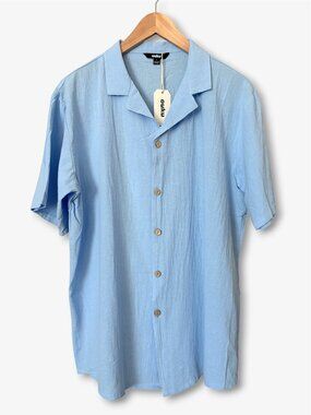 Ouku Light Blue Linen Blend Camp Collar Short Sleeve Shirt Mens Large Vacation